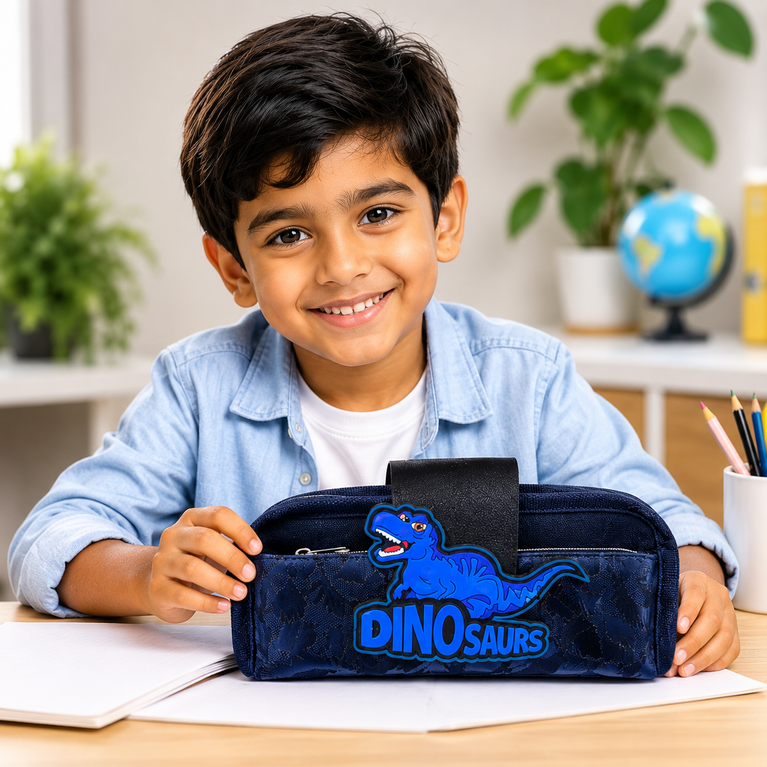 Dinosaur Pencil Case – Navy Blue Multi-Compartment Stationery Pouch