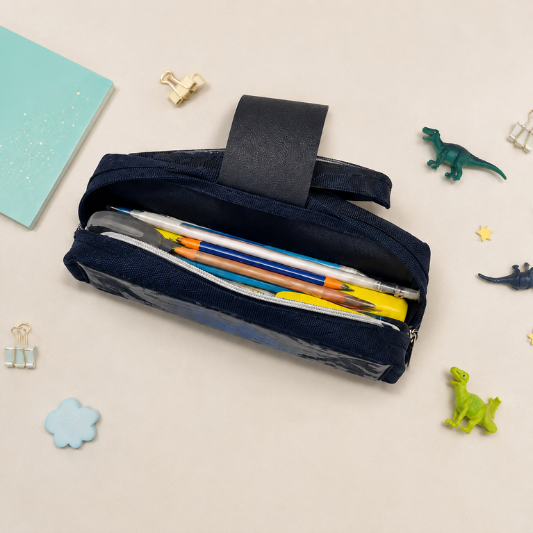 Dinosaur Pencil Case – Navy Blue Multi-Compartment Stationery Pouch