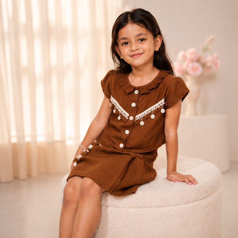Rustic Brown Skirt Co-ord Set for Girls