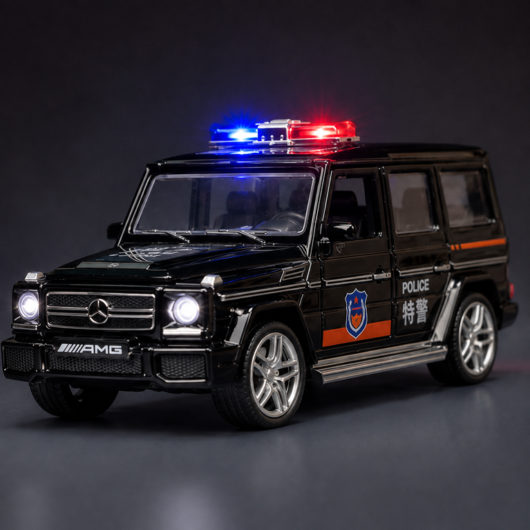 Mercedes-Benz G65 Style Alloy Police Car Toy for Kids | Pull-Back Die-Cast SUV with Light & Sound – Black