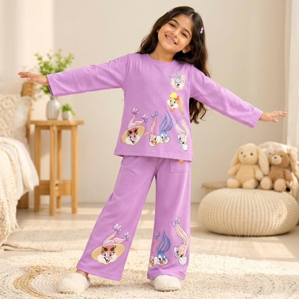 Cartoon Print Co-Ord Set | Full-Sleeve Top & Wide-Leg Pants