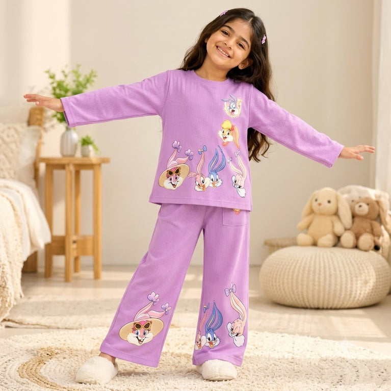 Purple Cartoon Print Co-Ord Set | Full-Sleeve Top & Wide-Leg Pants