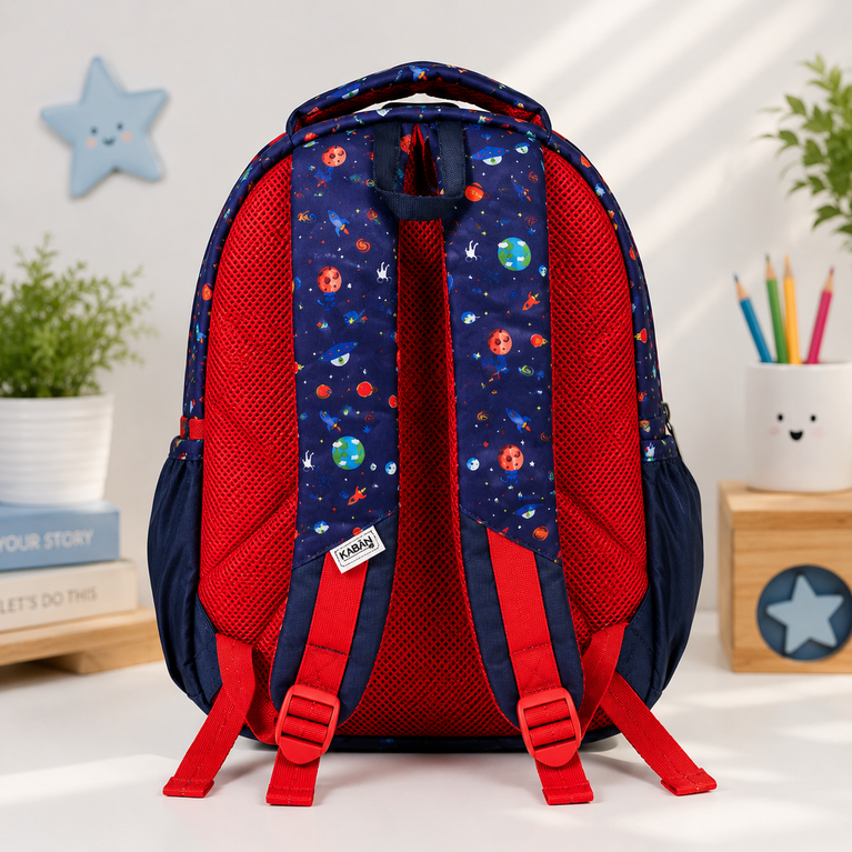 Space Print School Backpack with Padded Straps, Multiple Compartments &amp; Side Pockets | Navy Blue &amp; Red