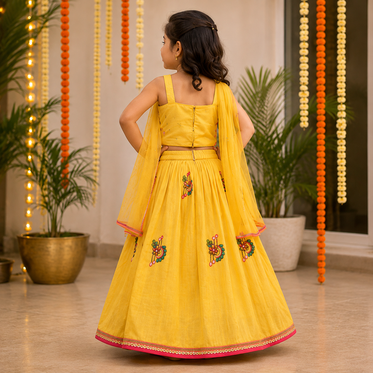 Yellow Embroidered Lehenga Choli with Dupatta | Kids Ethnic Wear