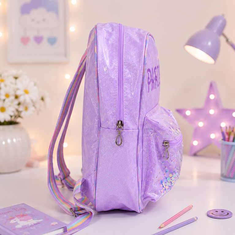 Girls Glitter Transparent Backpack with Sequin Pocket &amp; Rainbow Adjustable Straps