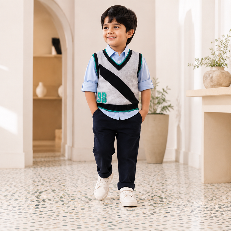 Boys Grey Sweater Vest Set with Shirt & Trousers