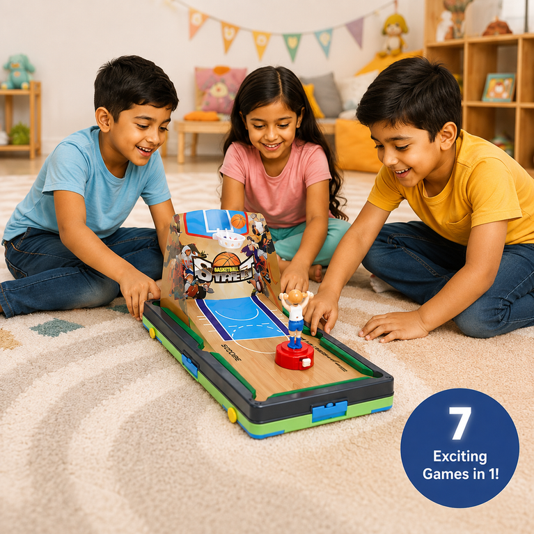7-in-1 Tabletop Game Set for Kids | Mini Pool, Basketball, Football, Bowling, Golf, Air Hockey & Curling | Portable Indoor Family Board Game