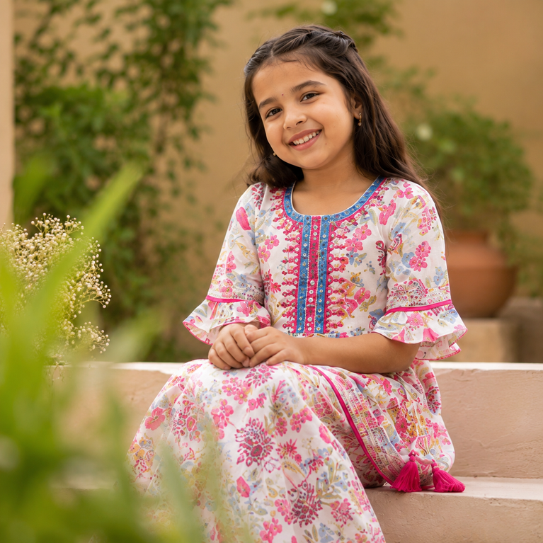 Floral Printed Kurta with Embroidered Sharara Set | White &amp; Pink Ethnic Festive Wear for Kids | Traditional Co-ord Outfit