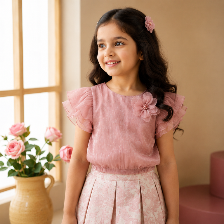 Dusty Rose Shimmer Ruffle Top & Floral Pleated Skirt Set