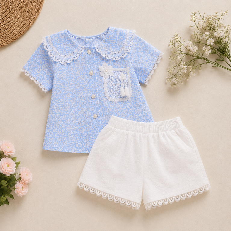 Elegant Blue Lace Co-ord Set for Girls