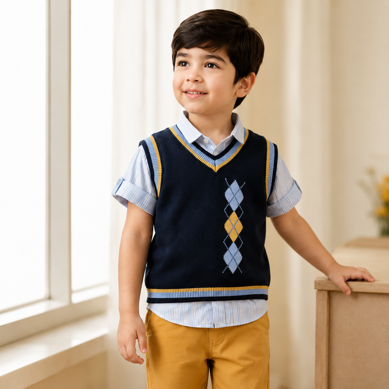 Navy Argyle Sweater Vest Set with Shirt & Trousers