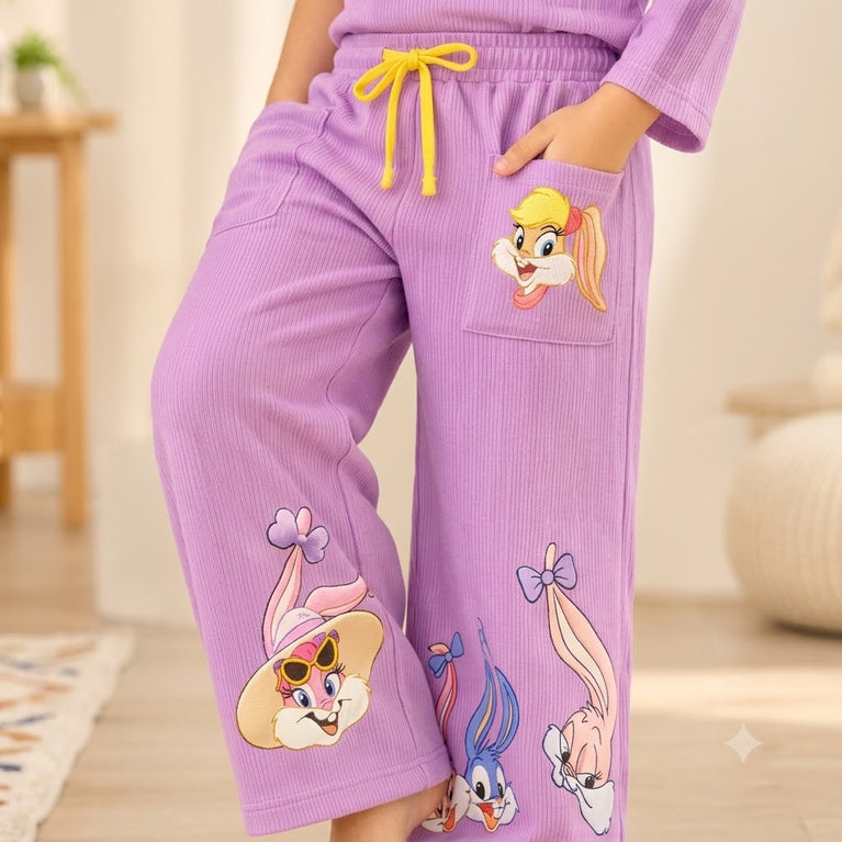 Purple Cartoon Print Co-Ord Set | Full-Sleeve Top & Wide-Leg Pants