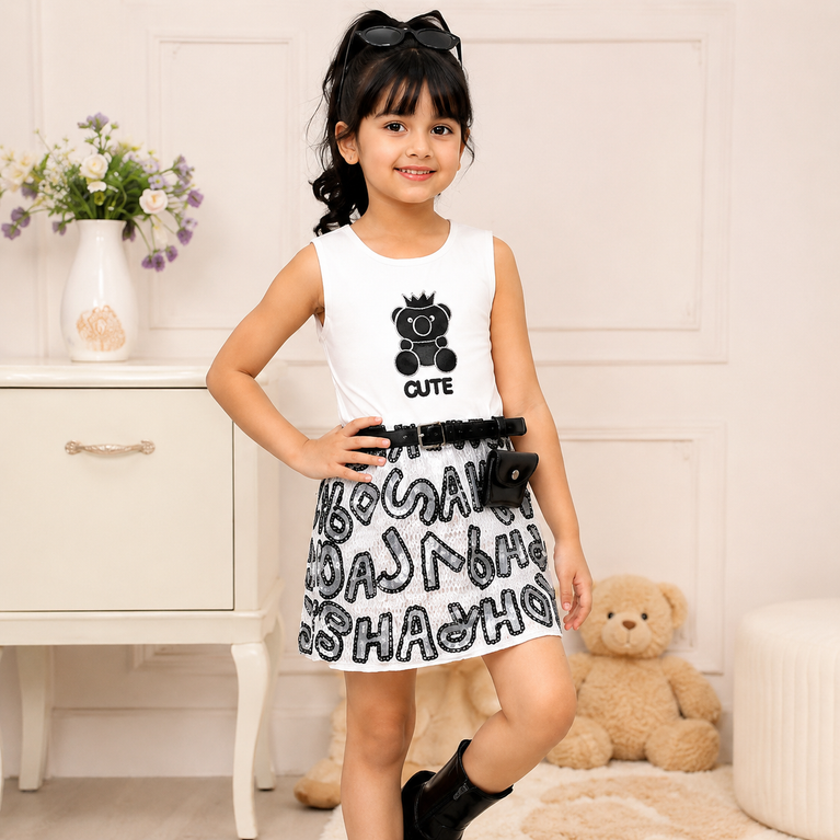 Girls White Teddy Graphic Dress with Black Jacket