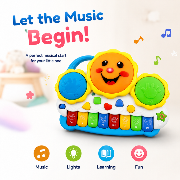 Kids Musical Drum Keyboard Piano Toy – Electronic Drum & Organ Keyboard with Lights, Sounds and Learning Activities