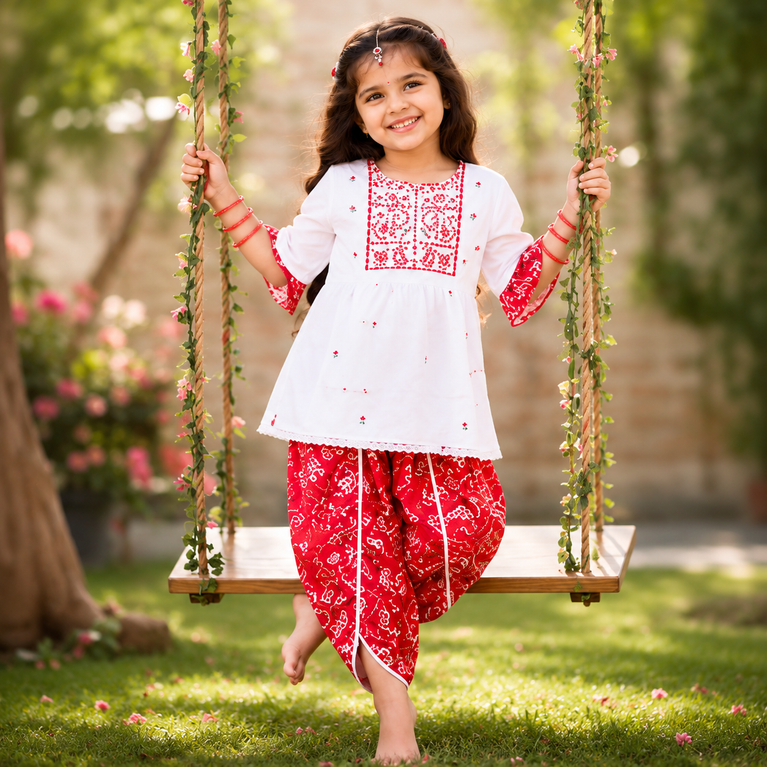 White Embroidered Peplum Kurti with Red Dhoti Pants Set | Kids Ethnic Festive Wear | Traditional Co-ord Outfit