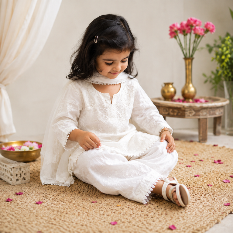 White Chikankari Embroidered Kurta Palazzo Set with Dupatta | Ethnic Wear for Kids