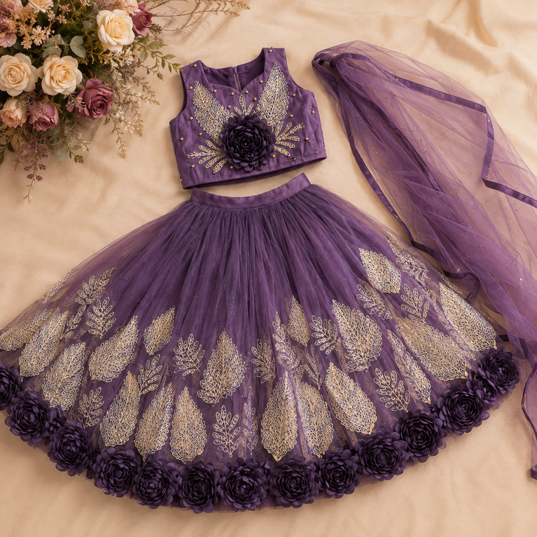 Purple Floral Embroidered Lehenga Choli Set with Net Dupatta | Designer Party Wear Ethnic Dress for Kids