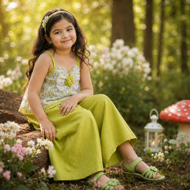 Lime Green Floral Lace Top & Wide-Leg Palazzo Set | Stylish Kids Party Wear