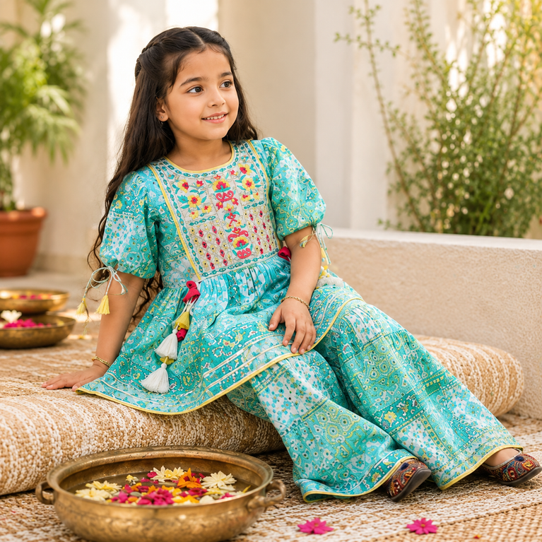 Krazy Girls Embroidery and Mirror work with Digital Print Peplum Top and Sharara Set