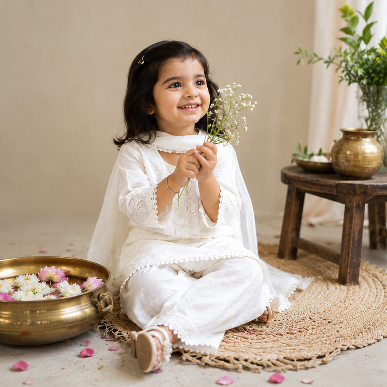 White Chikankari Embroidered Kurta Palazzo Set with Dupatta | Ethnic Wear for Kids
