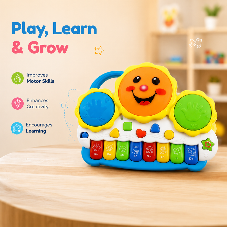 Kids Musical Drum Keyboard Piano Toy – Electronic Drum & Organ Keyboard with Lights, Sounds and Learning Activities