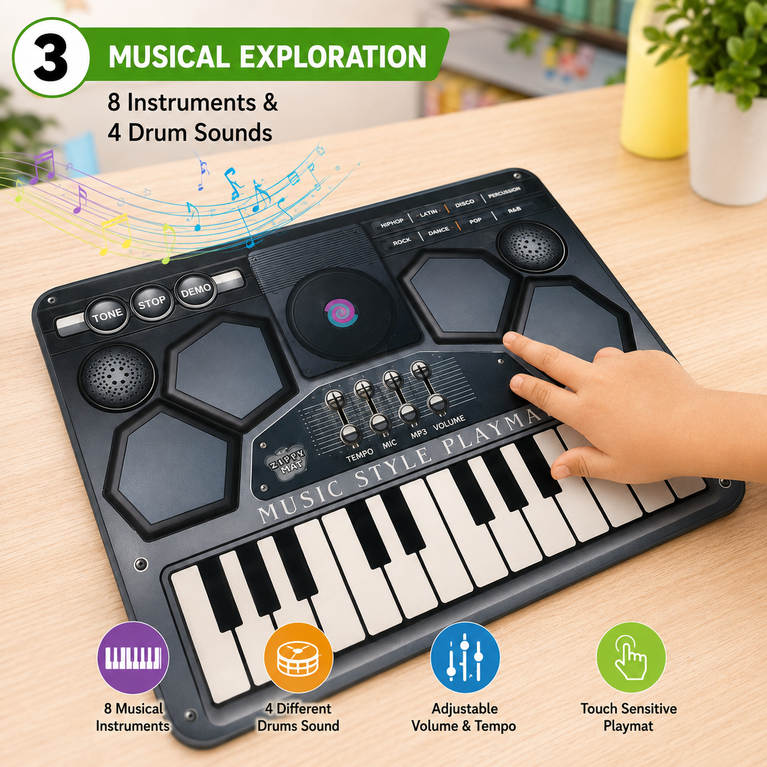 Musical Piano Playmat with Microphone | Touch-Sensitive Music Mat | Electronic Keyboard & Drum Play Mat