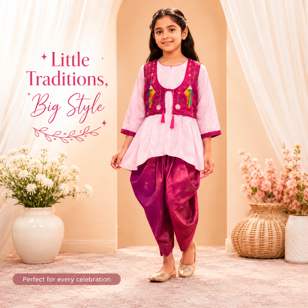 Girls Festive Dhoti Kurta Set with Embroidered Jacket – Traditional Ethnic Wear for Kids