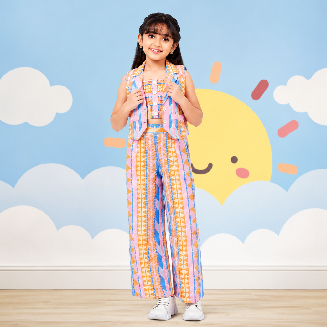 Pastel Geometric Crop Top, Vest Jacket & Wide-Leg Palazzo Pants Co-Ord Set