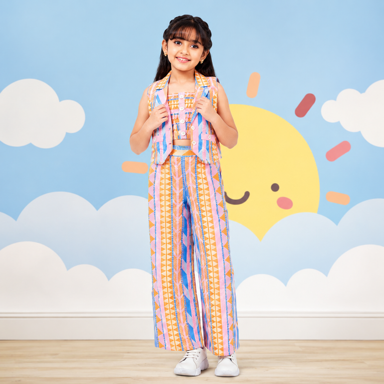 Pastel Geometric Crop Top, Vest Jacket & Wide-Leg Palazzo Pants Co-Ord Set