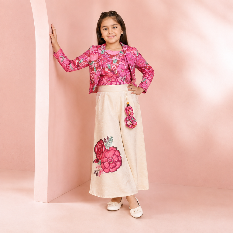 Pink Floral Jacket Top with Ivory Floral Palazzo Pants | Party Wear Set