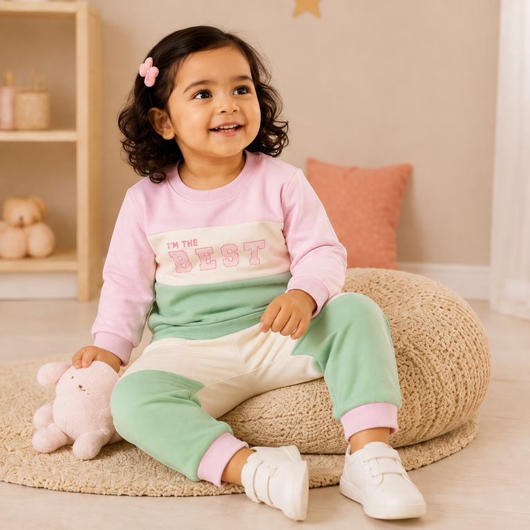 ToffyHouse 100% Cotton Knit Full Sleeves Text & Bunny Printed T-Shirt & Lounge Pants Set - Pink & Mint