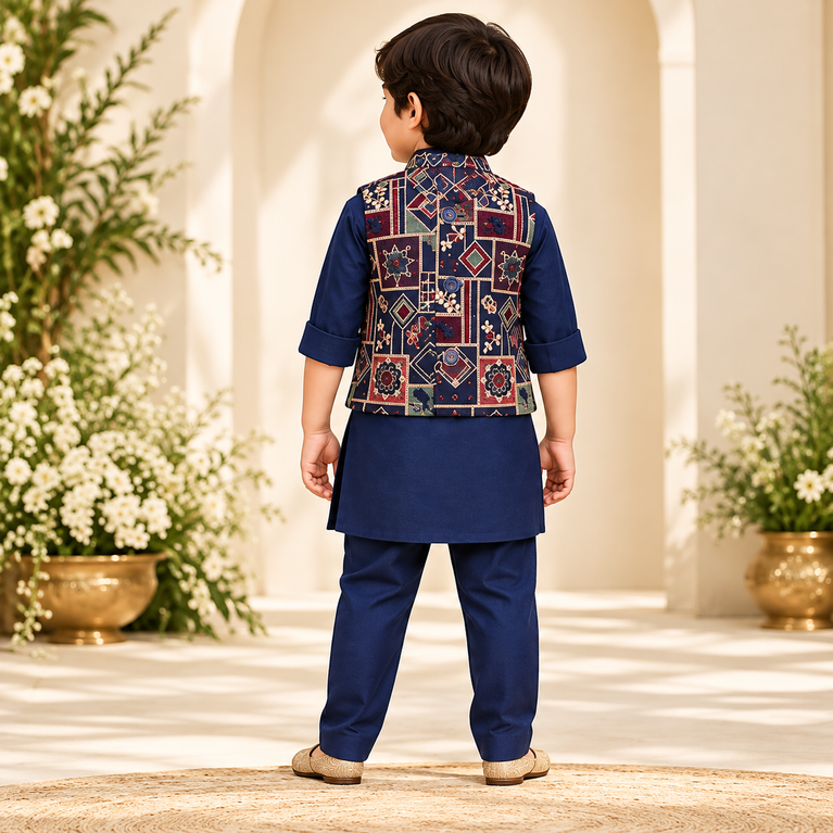 Aagam Full Sleeves Solid Kurta Pyjama Set with  Embroidered Printed Jacket - Navy Blue