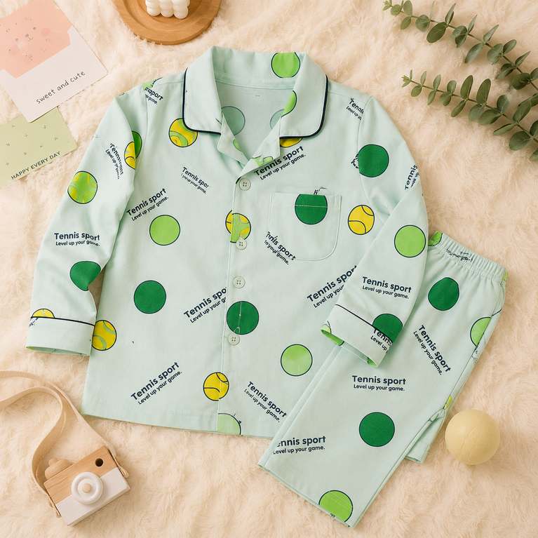 DOREME Kids Tennis Print Cotton Night Suit Set for Boys & Girls | Soft Half Sleeve Shirt & Pajama Co-ord Sleepwear | Mint Green