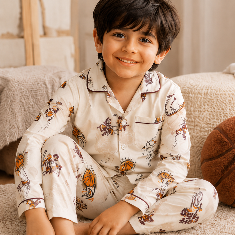 DOREME Premium Kids Basketball Print Cotton Night Suit Set | Half Sleeve Shirt &amp; Pyjama Co-ord Sleepwear for Boys