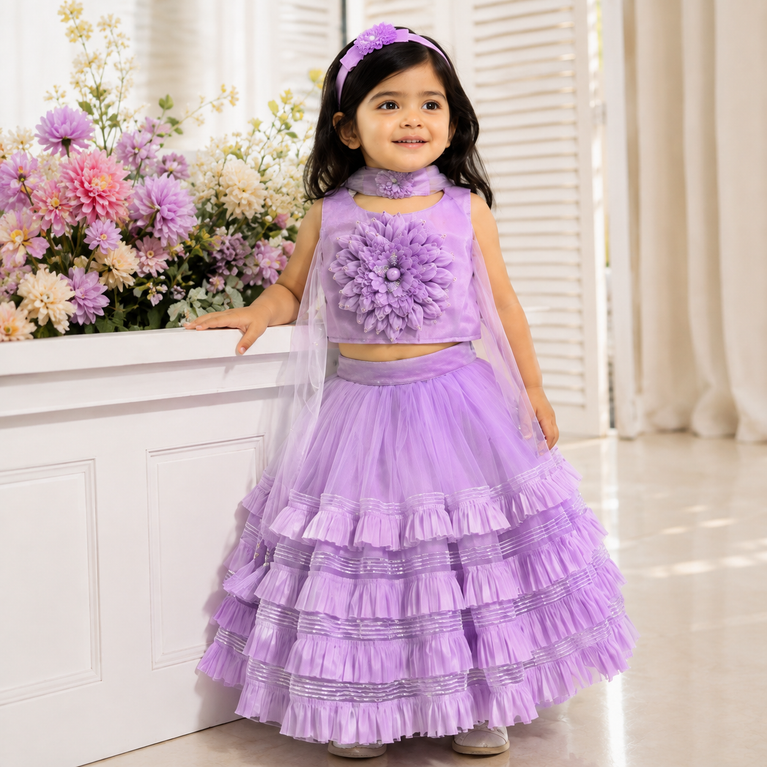 Lavender Floral Lehenga Choli Set with Layered Ruffle Skirt & Net Dupatta