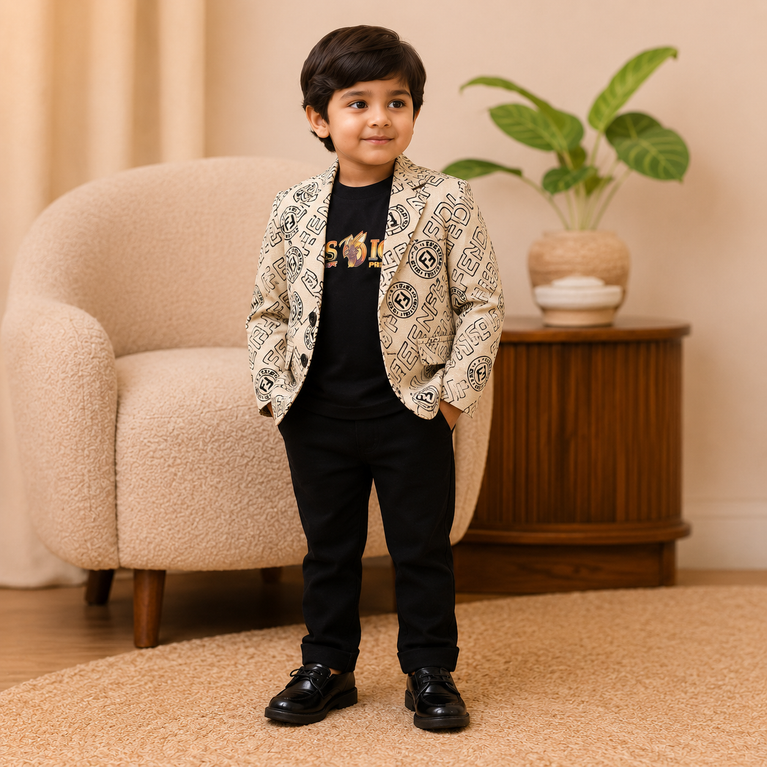 Printed Blazer with Black Graphic T-Shirt | Stylish Party Wear Set for Kids