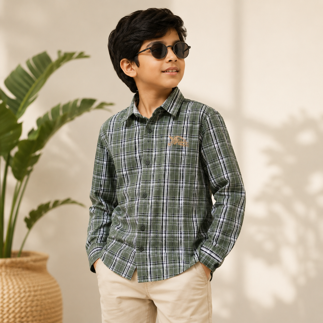 Boys Classic Olive Green Checked Full Sleeve Cotton Shirt