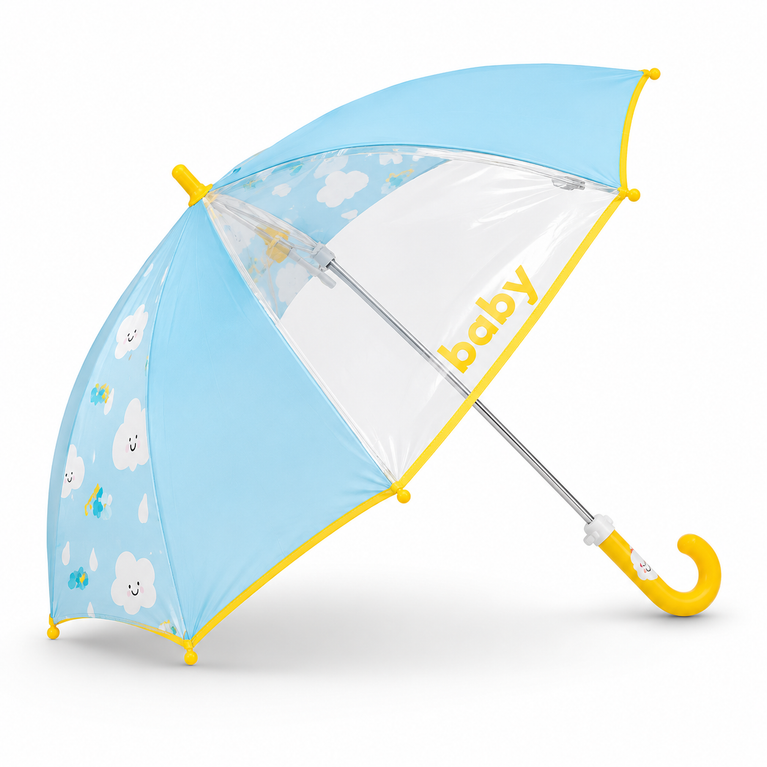 Kids Transparent Dome Umbrella with Cute Cloud Print | Blue &amp; Yellow Rain Umbrella