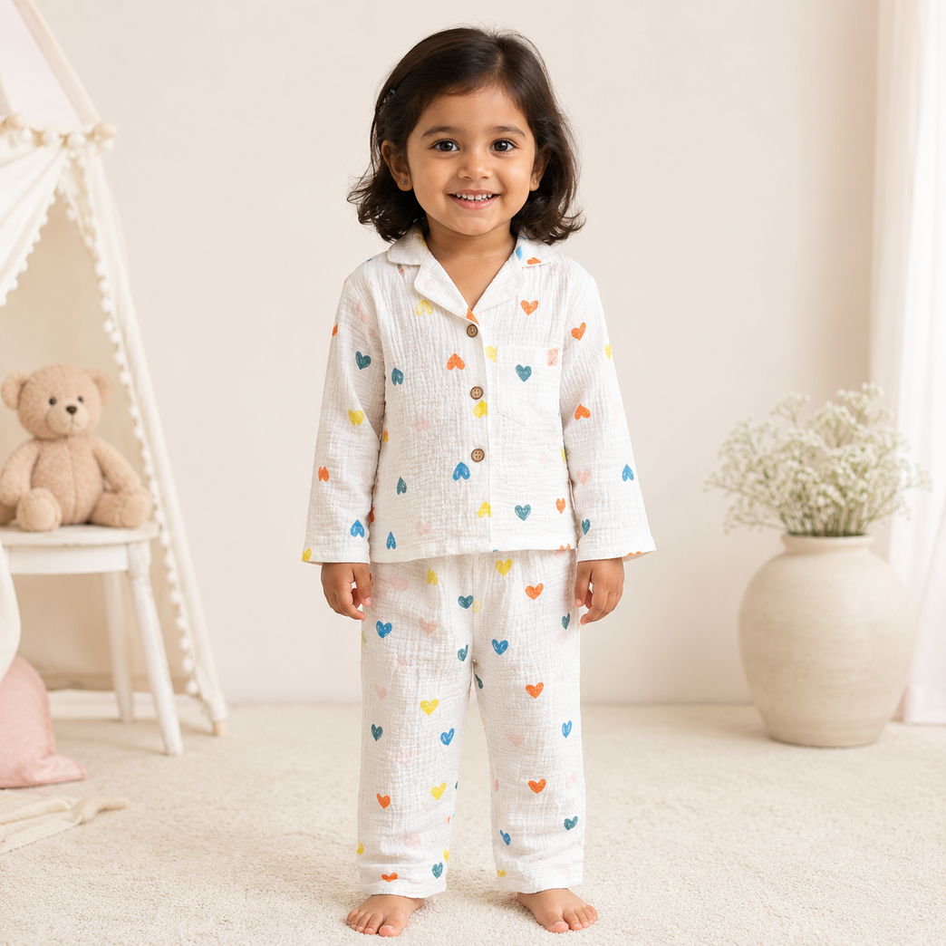 Multicolour Heart Print Cotton Co-ord Night Suit Set | White Shirt &amp; Pajamaourful Heart NightSuit