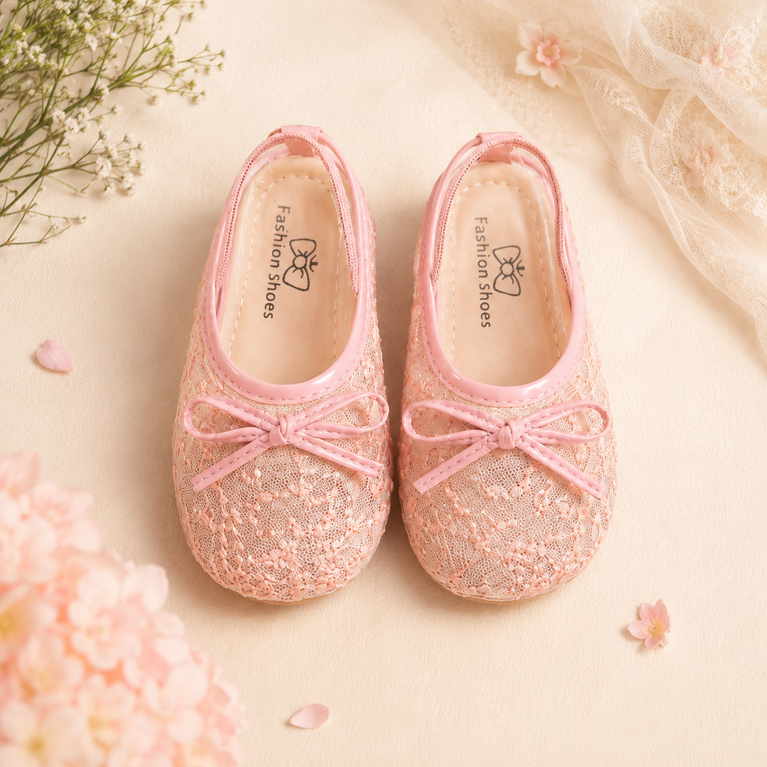 Girls' Blush Pink Lace Ballet Flats with Bow | Lightweight Party &amp; Casual Shoes