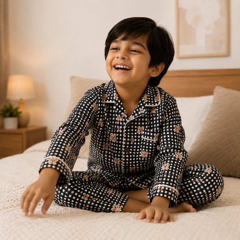 DOREME Kids Premium Cotton Teddy Bear Checkered Night Suit Set | Full Sleeve Shirt &amp; Pajama Sleepwear for Boys &amp; Girls