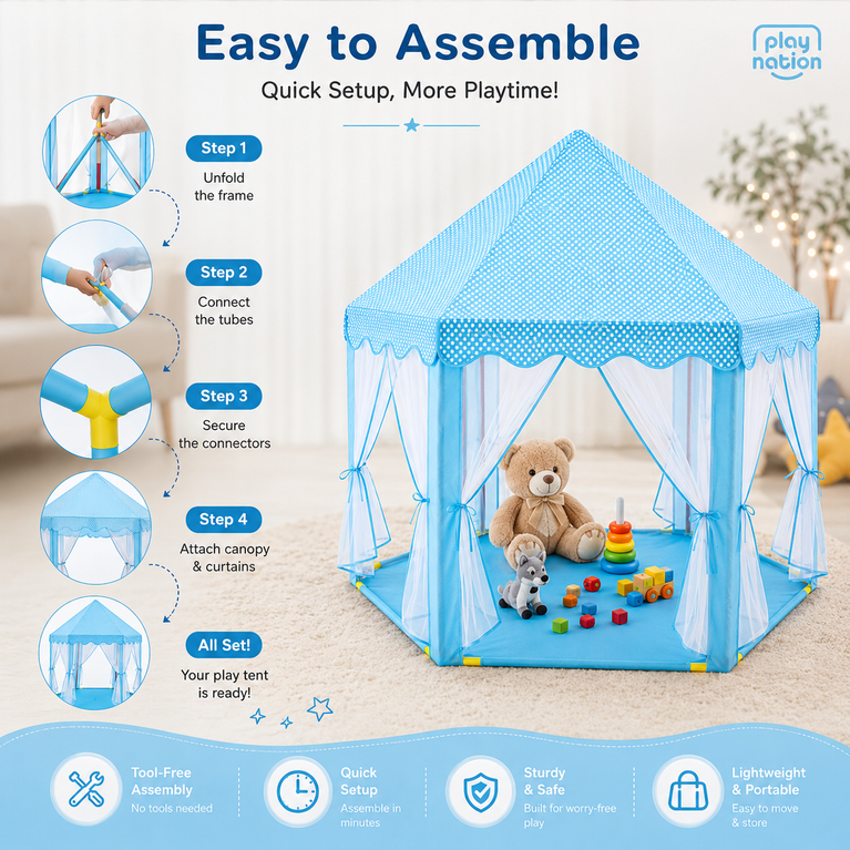 Premium Kids Princess Play Tent House with Mesh Curtains &amp; Spacious Indoor Play Area – Blue Fantasy Castle Tent for Boys &amp; Girls