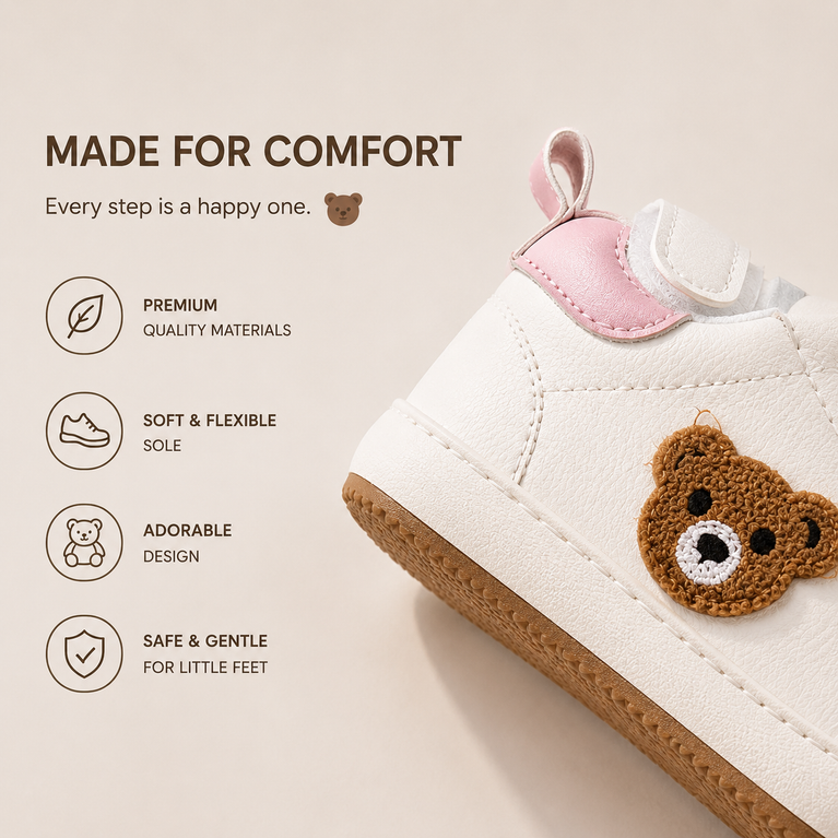 Tiny Steps Teddy Baby Sneakers – Soft Sole Velcro Walking Shoes for Infants & Toddlers