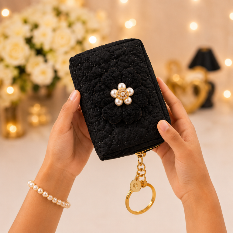 Floral Quilted Coin Purse Girls | Mini Zipper Wallet with Pearl Flower Charm, Keychain Ring | Cute Cash, Coin & Earbuds Pouch (Multi-Color)