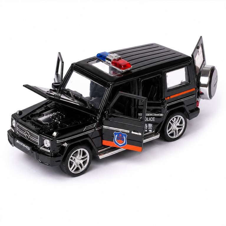 Mercedes-Benz G65 Style Alloy Police Car Toy for Kids | Pull-Back Die-Cast SUV with Light & Sound – Black