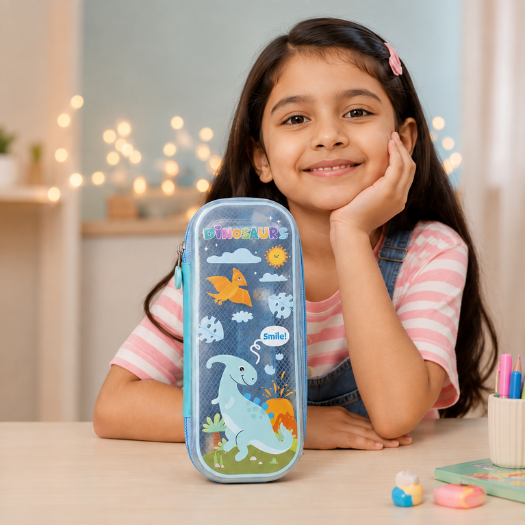 Dinosaur Pencil Case | Spacious Blue Stationery Organizer for School