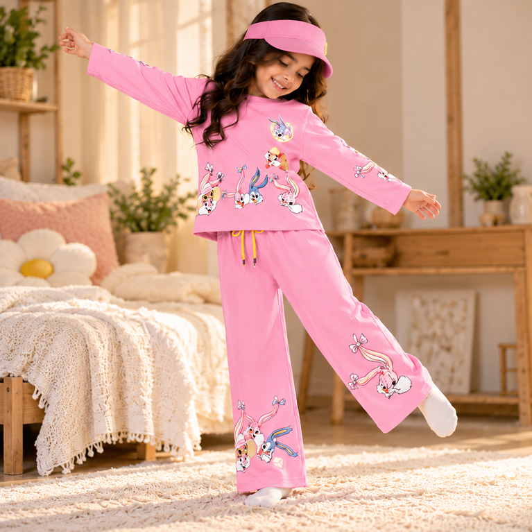 Cartoon Print Co-Ord Set | Full-Sleeve Top & Wide-Leg Pants
