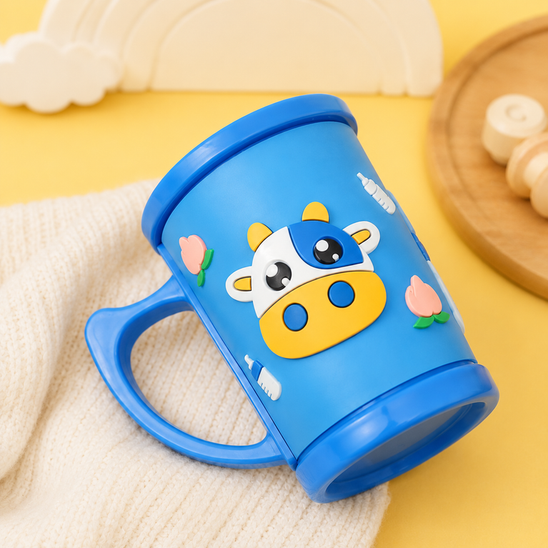 Cow Plastic Mug with Lid & Handle | Cute Reusable Drinking Mug for Milk, Juice & Water | BPA-Free | Blue