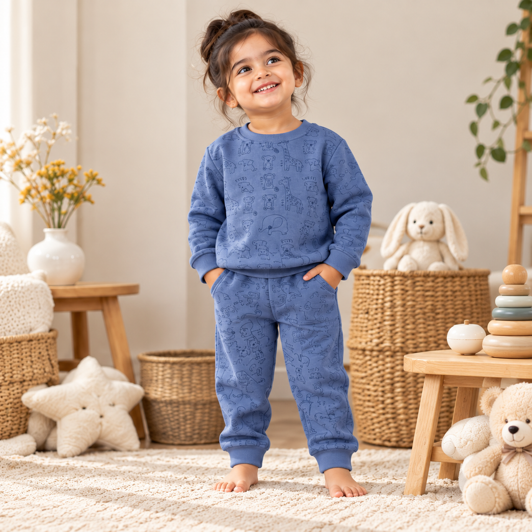 Blue Animal Print Sweatshirt & Jogger Set for Kids | Cute & Comfortable Winter Outfit | 12-18 Months