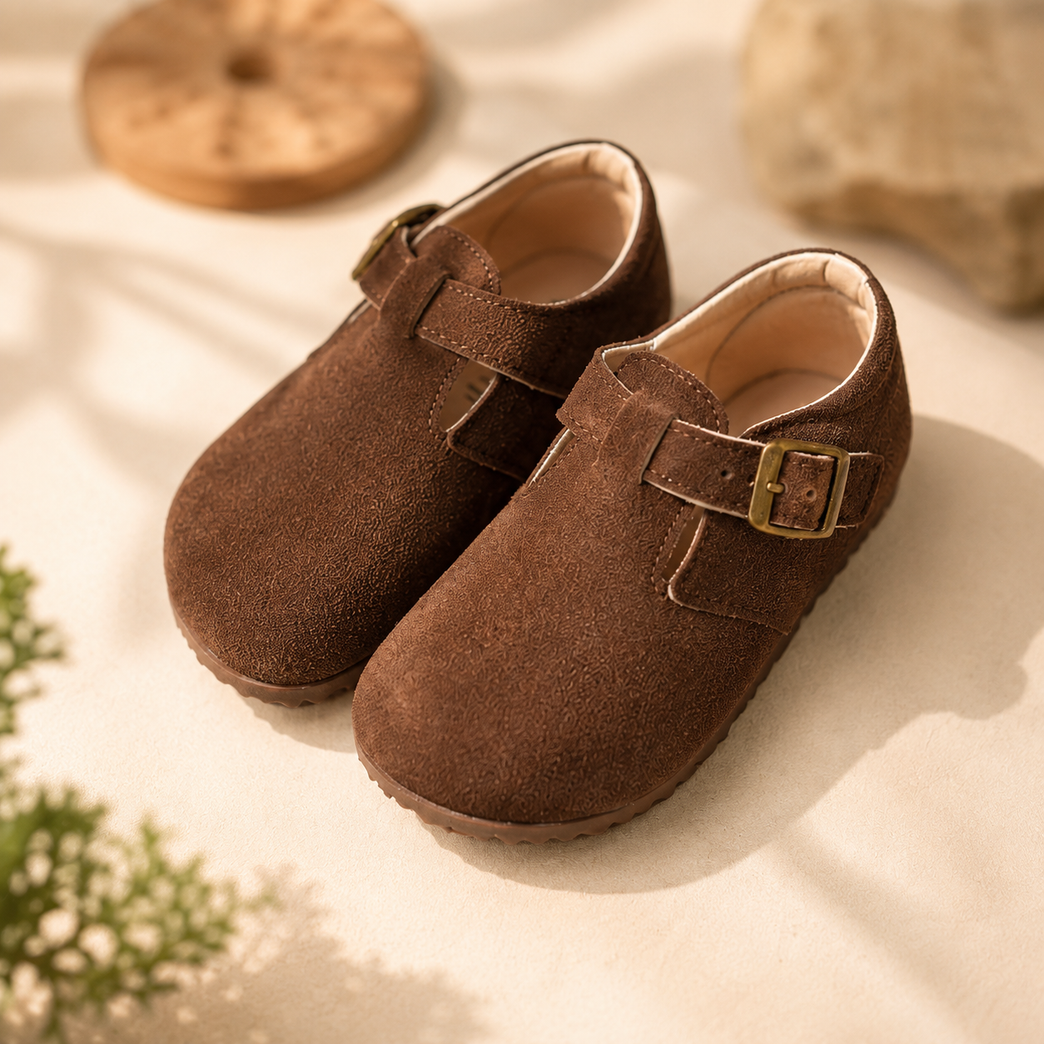 Kids Brown Suede Buckle Casual Shoes | Soft Comfortable Toddler & Boys Slip-On Shoes